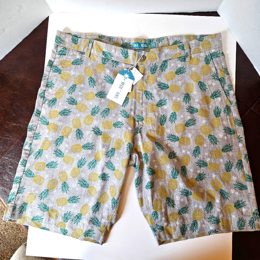 Tenth + Ocean Men's Linen Cotton Blend Flat Front Pineapple Shorts Size 38
